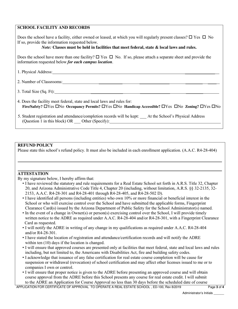 Form ED-100 Real Estate School Certification Approval Application - Arizona, Page 3