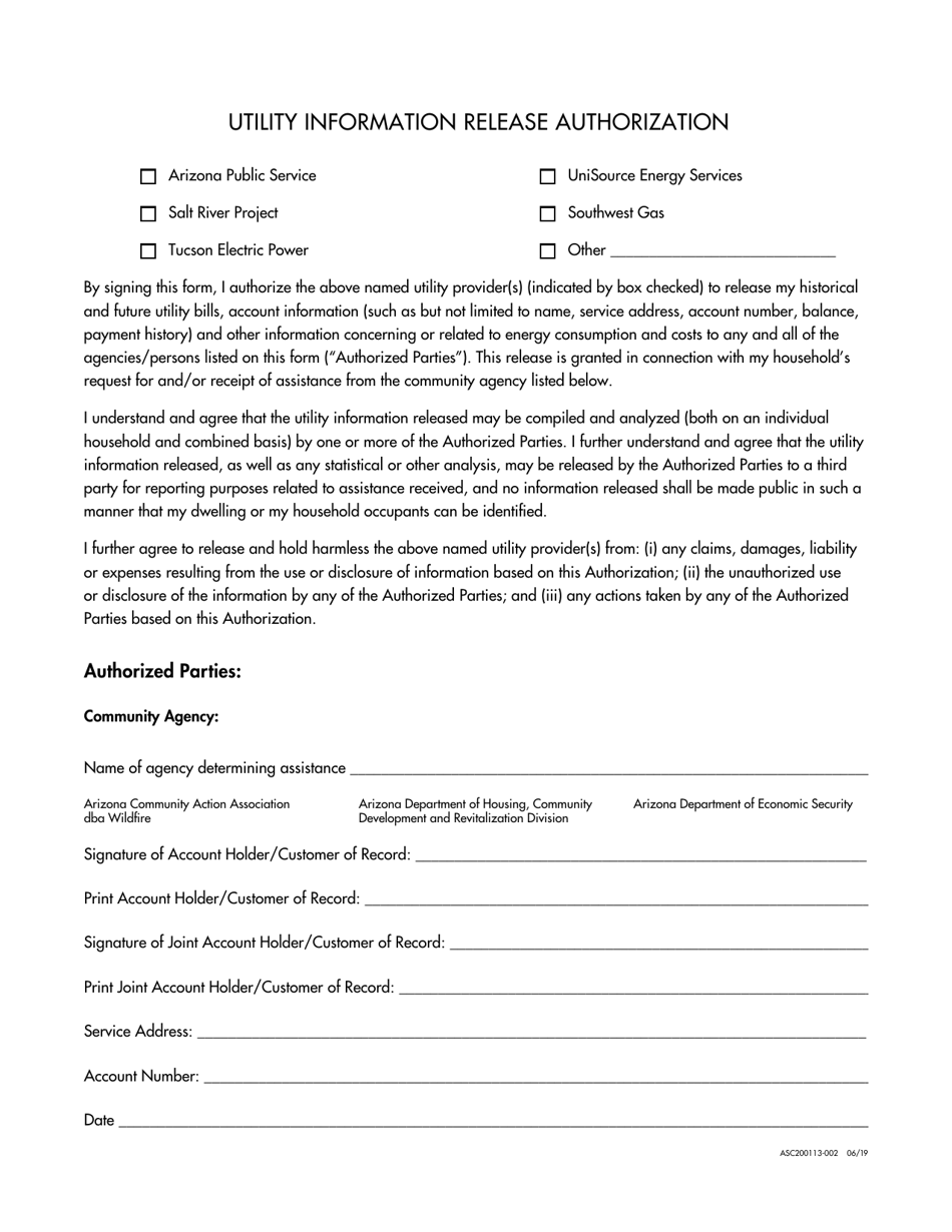 Form ASC200113-002 Utility Information Release Authorization - Arizona (English / Spanish), Page 1