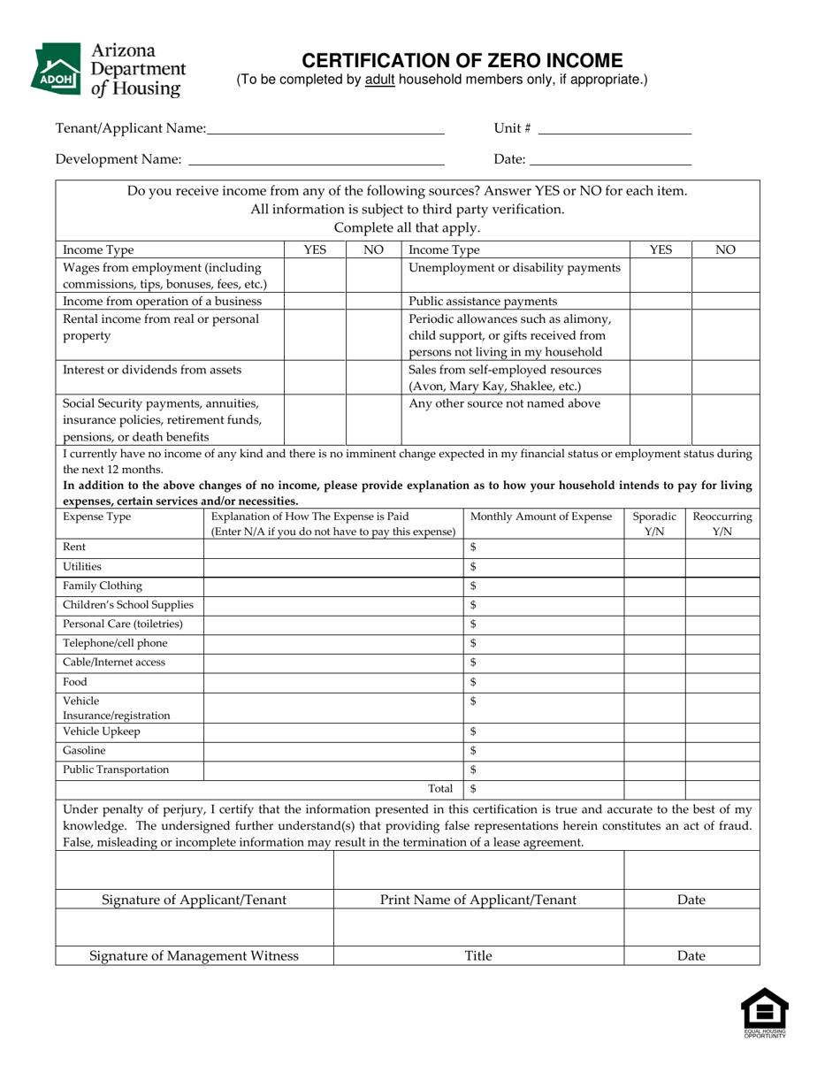 Certification of Zero Income - Arizona, Page 1