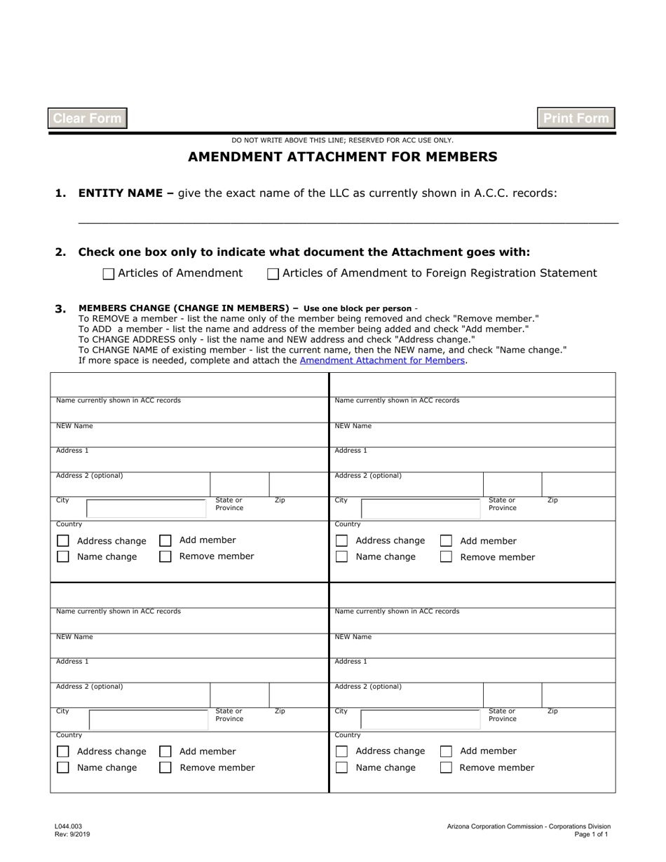 Form L044 Amendment Attachment for Members - Arizona, Page 1