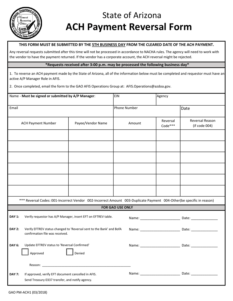 Form GAO-PM-ACH1 ACH Payment Reversal Form - Arizona, Page 1