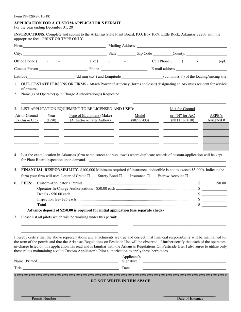 Form DP-32 Custom Applicator Permit - Arizona, Page 1