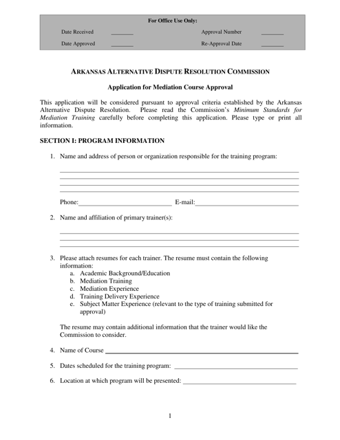 Application for Mediation Course Approval - Arkansas Download Pdf