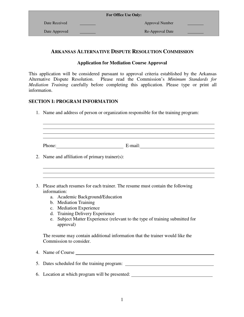 Application for Mediation Course Approval - Arkansas, Page 1