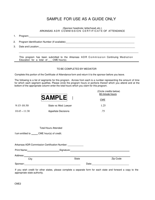 Form CME2 Adr Commission Certificate of Attendance - Arkansas