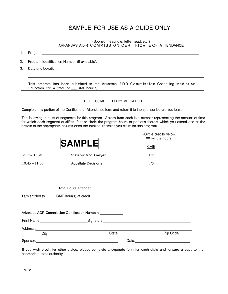 Form CME2 Adr Commission Certificate of Attendance - Arkansas, Page 1