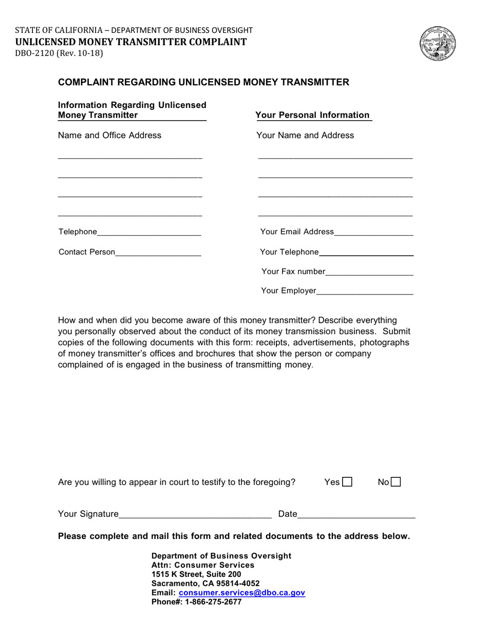 Form DBO-2120 Complaint Regarding Unlicensed Money Transmitter - California, Page 1