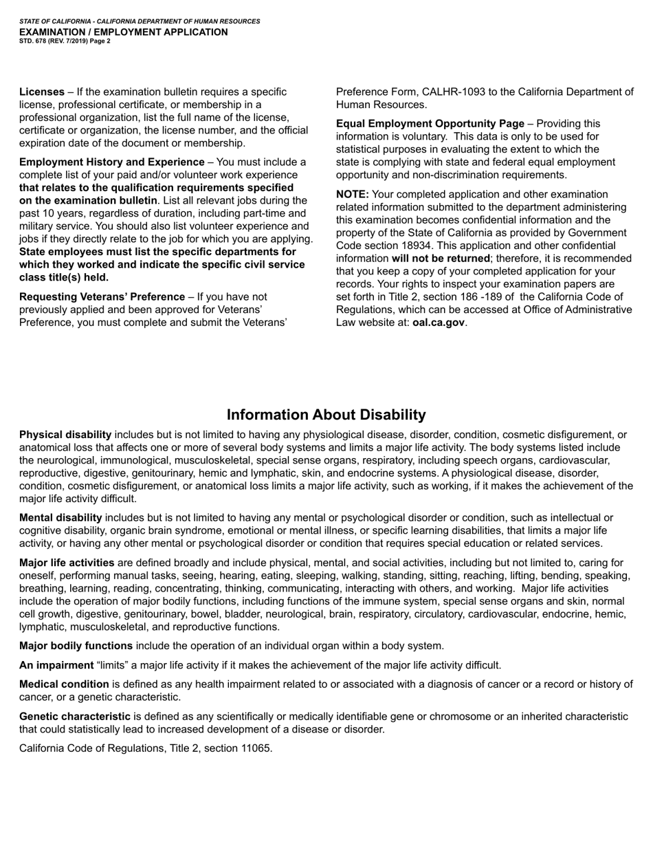 Form STD.678 State of California Application - California, Page 2