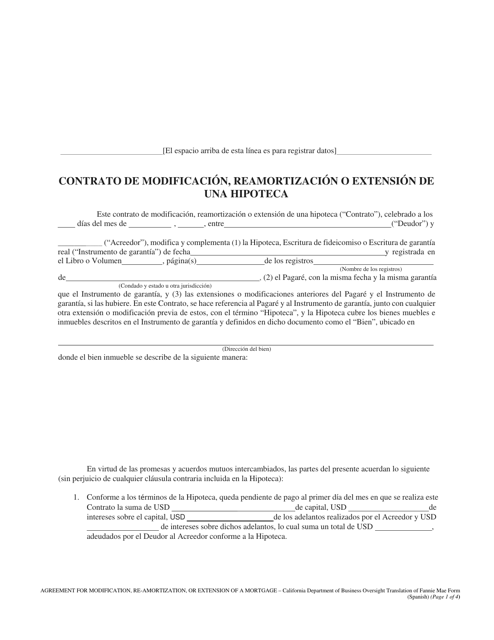 Formulario DFPI-CRMLA8019 Contrato De Modificacion, Reamortizacion O Extension De Una Hipoteca - California (Spanish)
