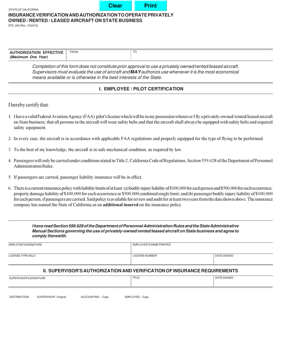 Form STD.265 Insurance Verification and Authorization to Operate Privately Owned / Rented / Leased Aircraft on State Business - California, Page 1