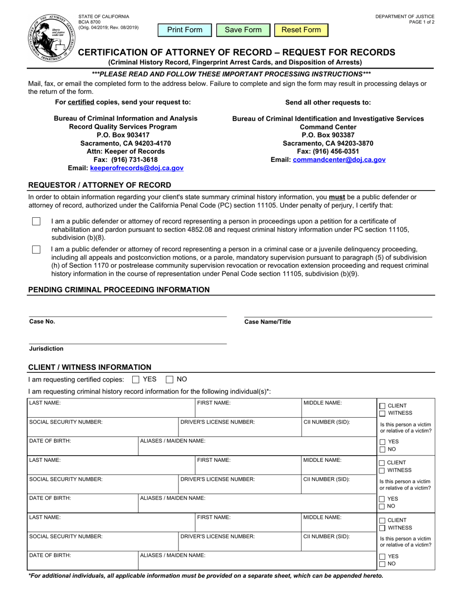 Form BCIA8700 Certification of Attorney of Record - Request for Records - California, Page 1