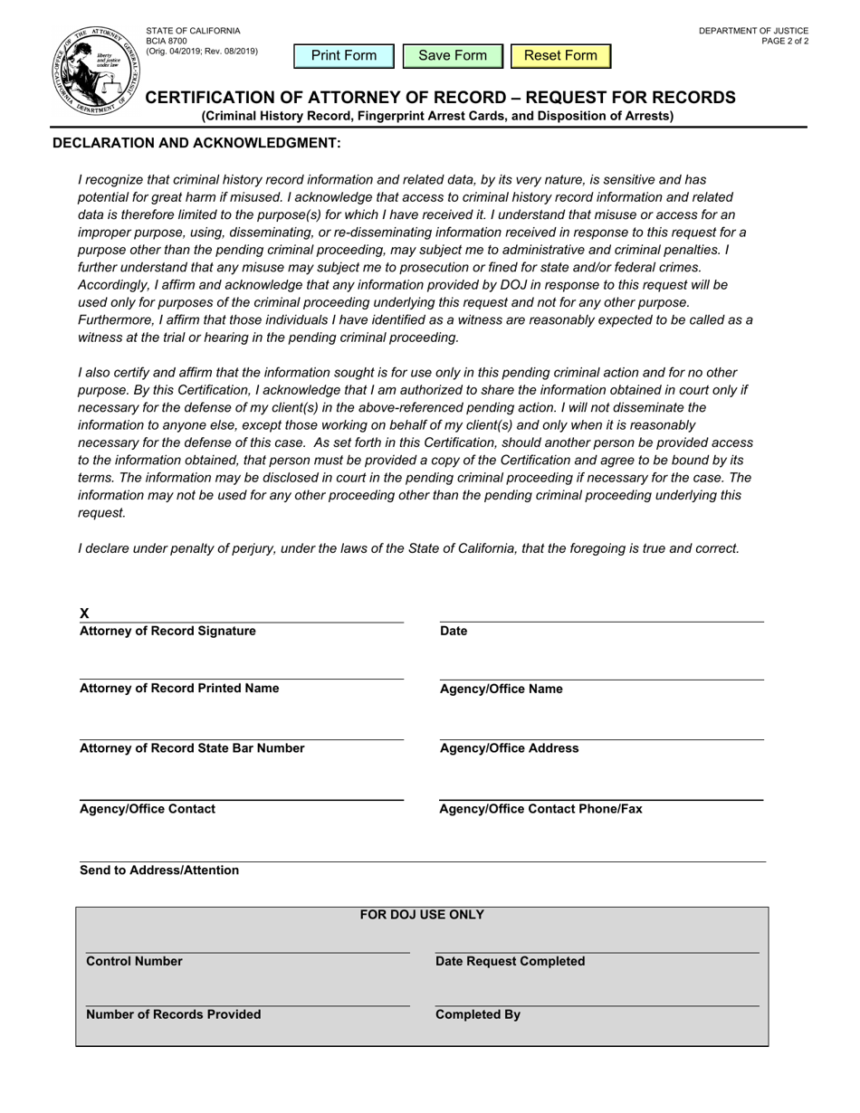 Form BCIA8700 Certification of Attorney of Record - Request for Records - California, Page 2