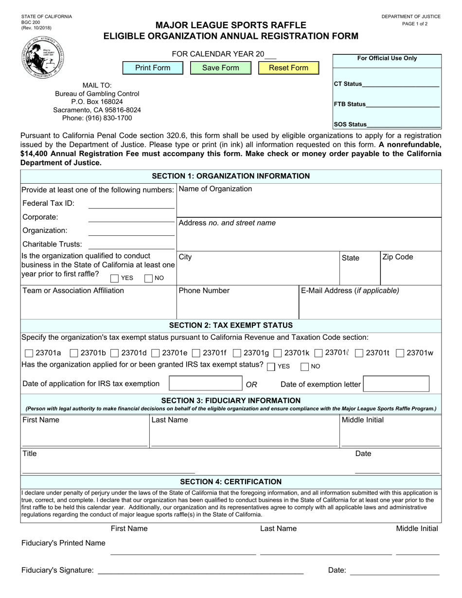 Form BGC200 Major League Sports Raffle Eligible Organization Registration Form - California, Page 1