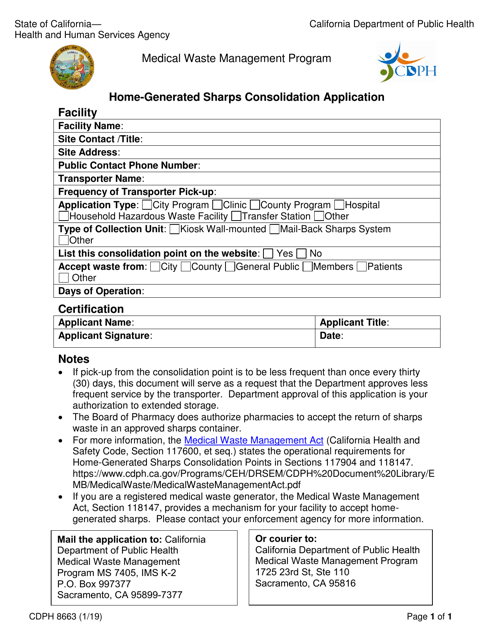 Form CDPH8663 Home Generated Sharps Consolidation Application - California