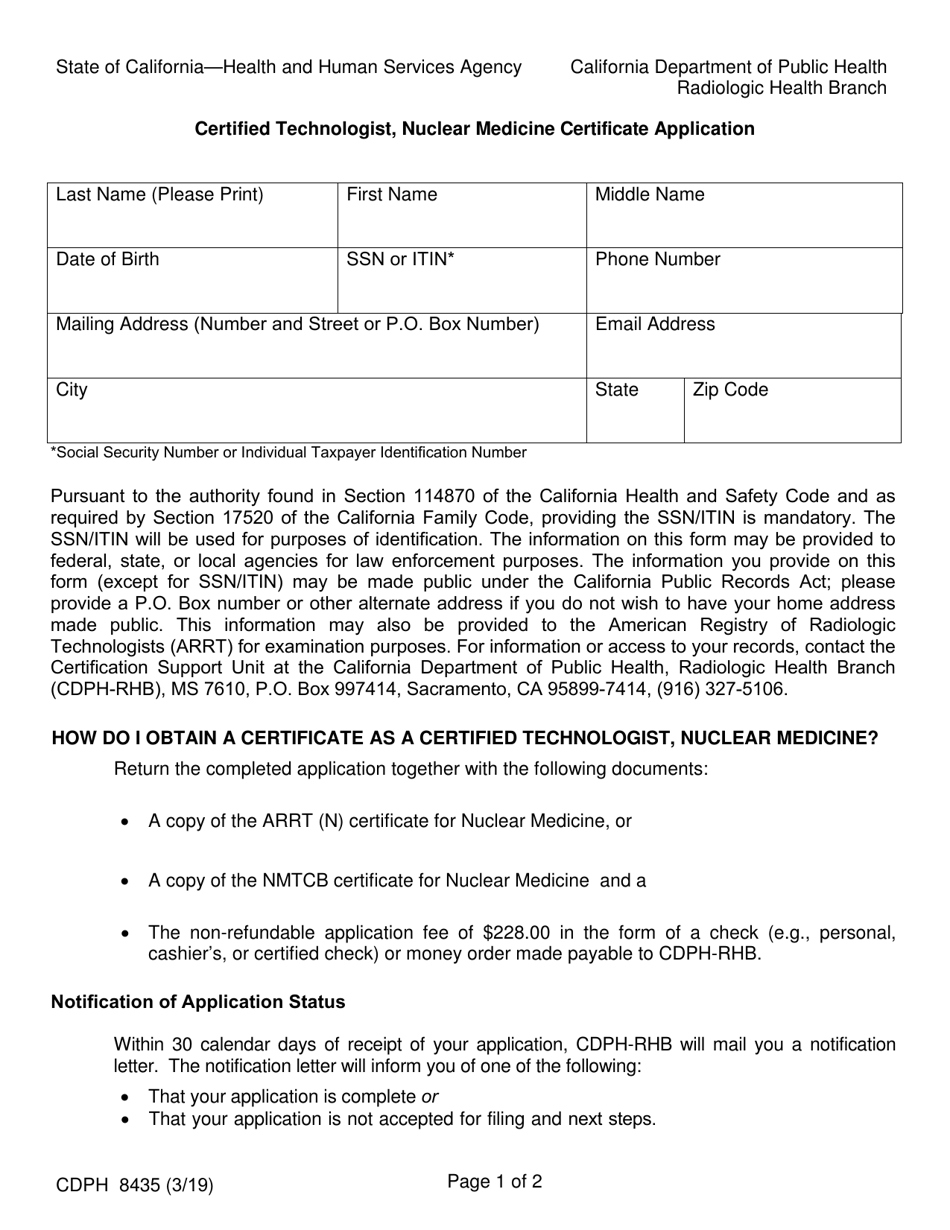 Form CDPH8435 Certified Technologist Nuclear Medicine Certificate Application - California, Page 1