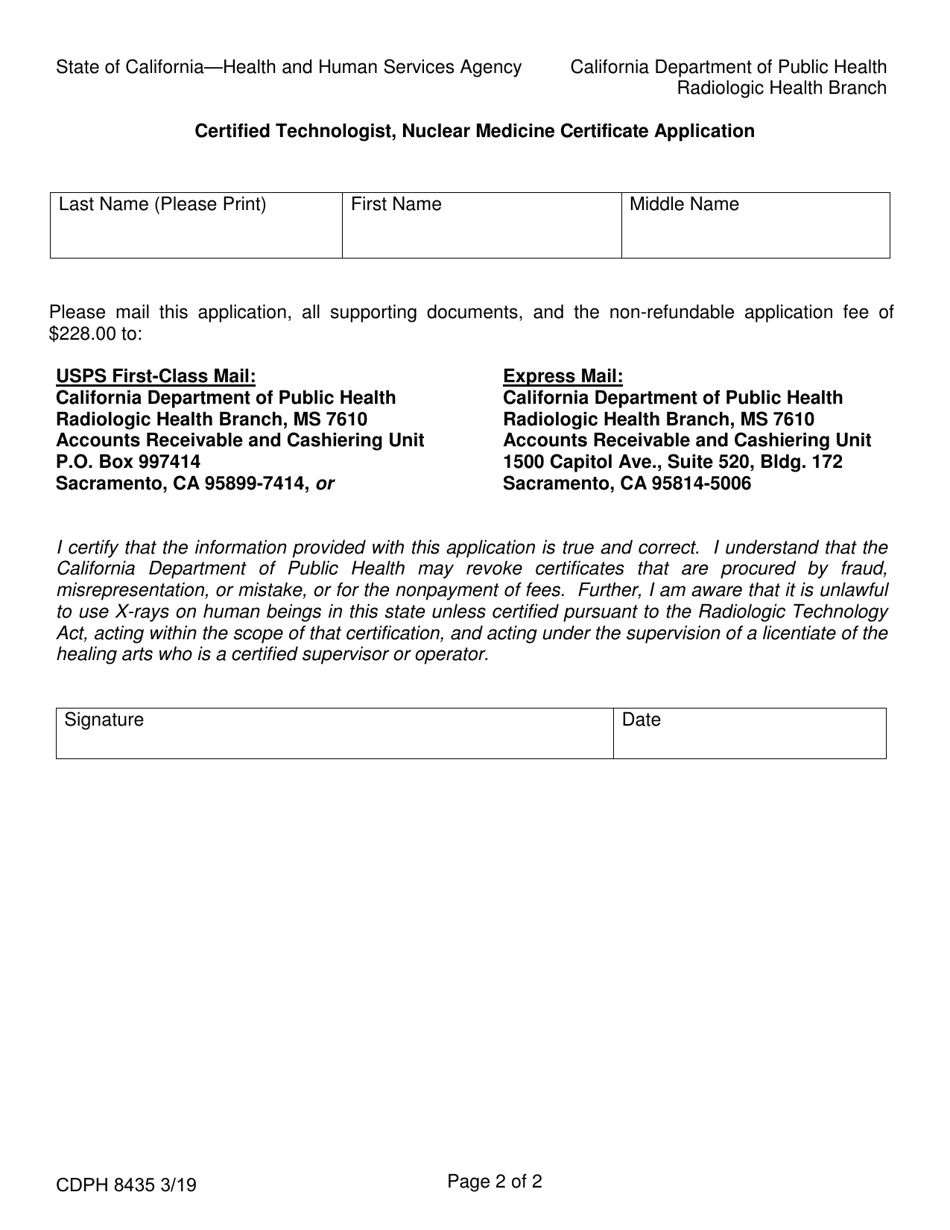 Form CDPH8435 Certified Technologist Nuclear Medicine Certificate Application - California, Page 2