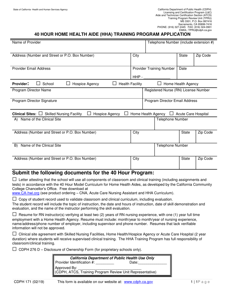 Form CDPH171 40 Hour Home Health Aide (Hha) Training Program Application - California, Page 1