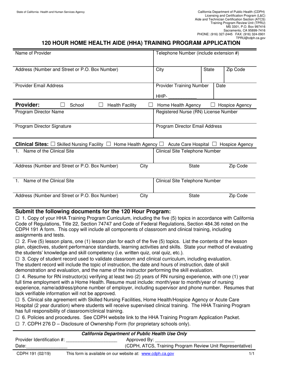 Form CDPH191 120 Hour Home Health Aide (Hha) Training Program Application - California, Page 1
