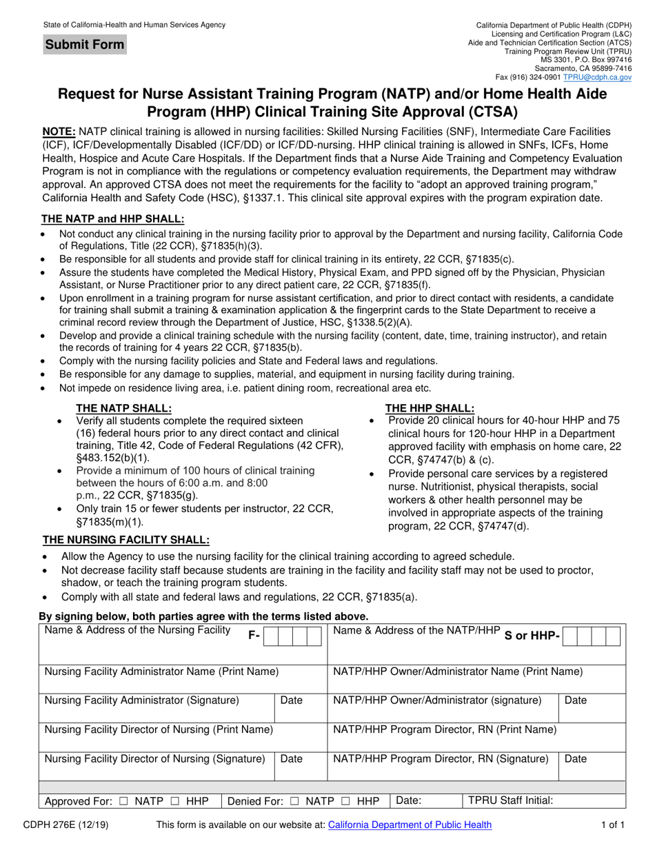 Form CDPH276E Request for Nurse Assistant Training Program (Natp) and / or Home Health Aide Program (Hhp) Clinical Training Site Approval (Ctsa) - California, Page 1