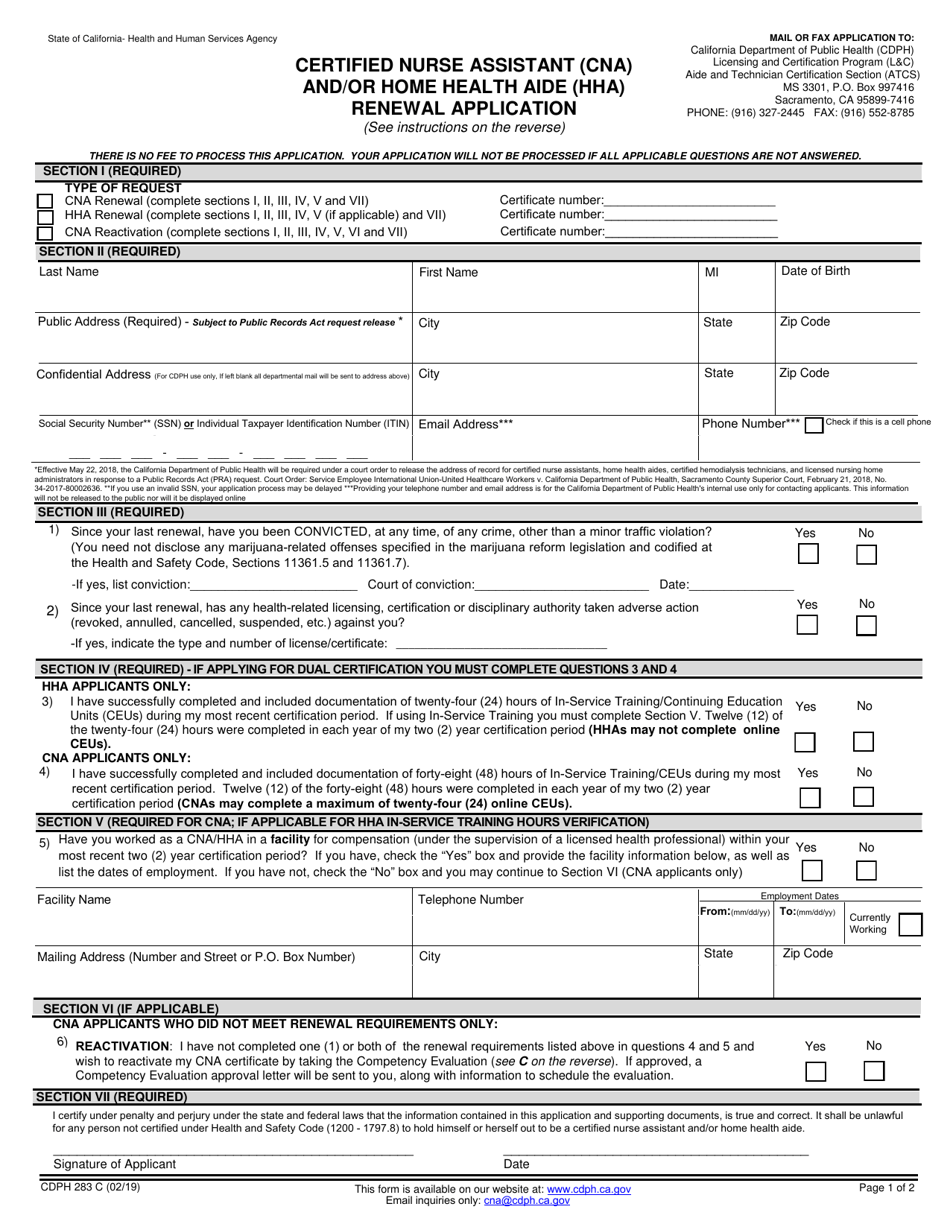 Form CDPH283C Home Health Aide Renewal Application - California, Page 1