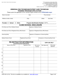 Document preview: Form CDPH391 Hemodialysis Technician/Patient Care Technician Training Program Application - California