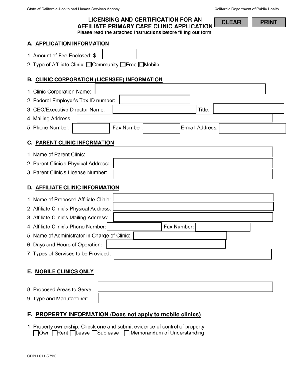 Form CDPH611 Licensing and Certification for an Affiliate Primary Care Clinic Application - California, Page 1