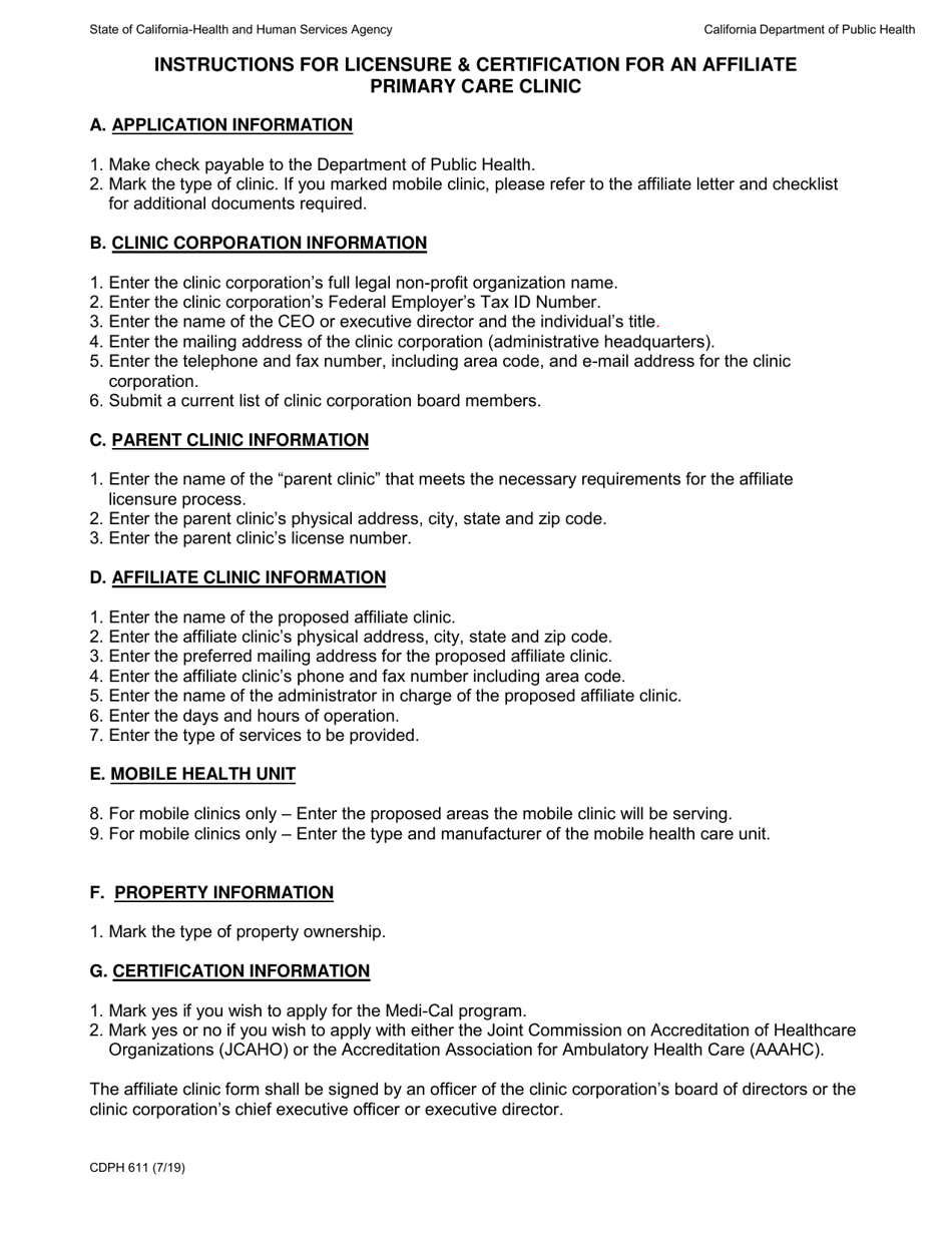 Form CDPH611 Licensing and Certification for an Affiliate Primary Care Clinic Application - California, Page 3