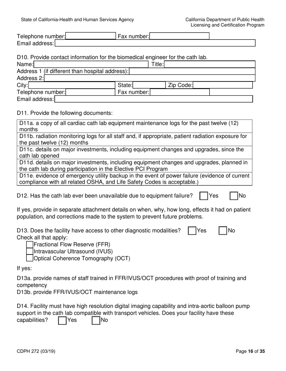 Form CDPH272 Elective Percutaneous Coronary Intervention (Pci) Program Application - California, Page 16