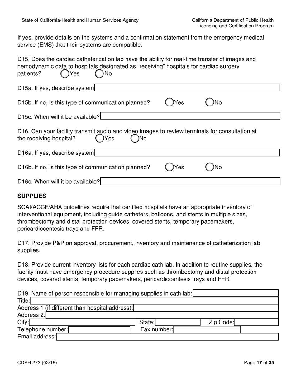 Form CDPH272 Elective Percutaneous Coronary Intervention (Pci) Program Application - California, Page 17