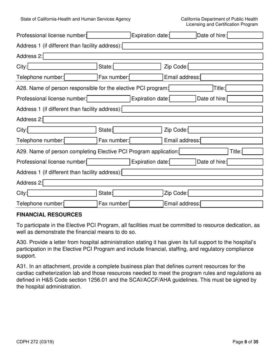 Form CDPH272 Elective Percutaneous Coronary Intervention (Pci) Program Application - California, Page 8