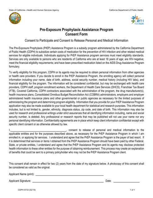 Form CDPH8733 Pre-exposure Prophylaxis Assistance Program Consent Form - California