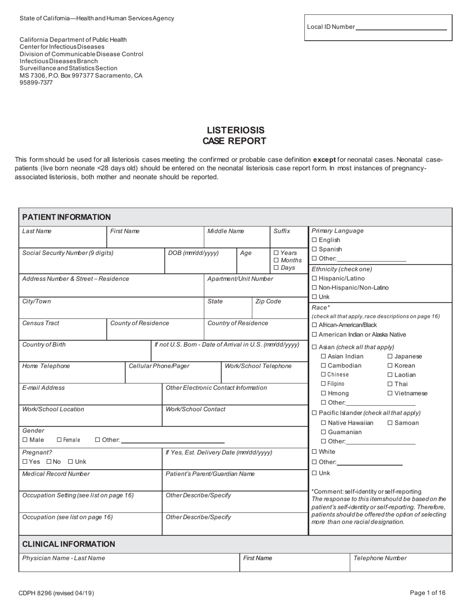 Form CDPH8296 Download Fillable PDF or Fill Online Listeriosis Case ...