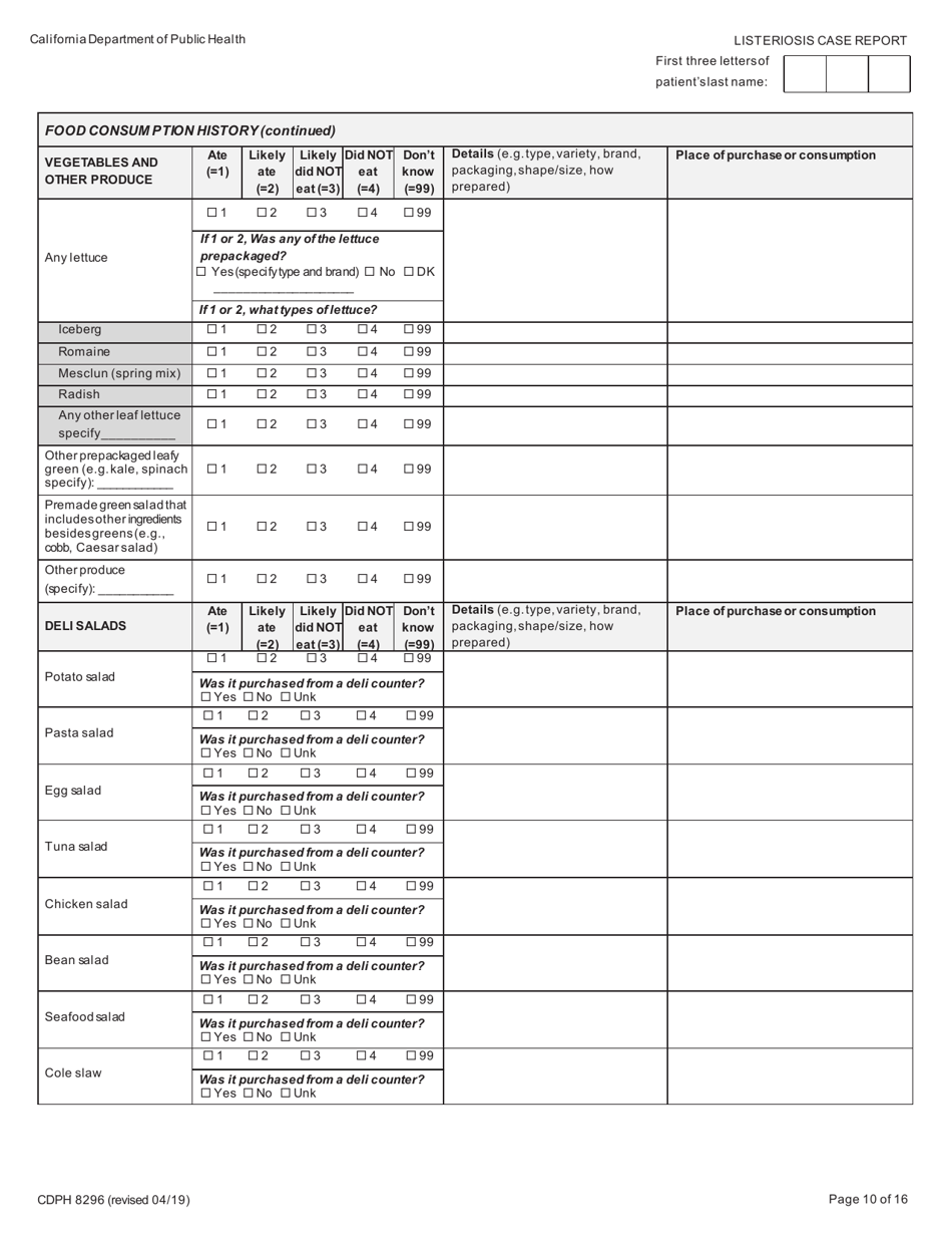 Form CDPH8296 Listeriosis Case Report - California, Page 10