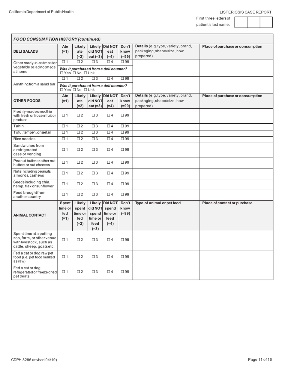 Form CDPH8296 Listeriosis Case Report - California, Page 11