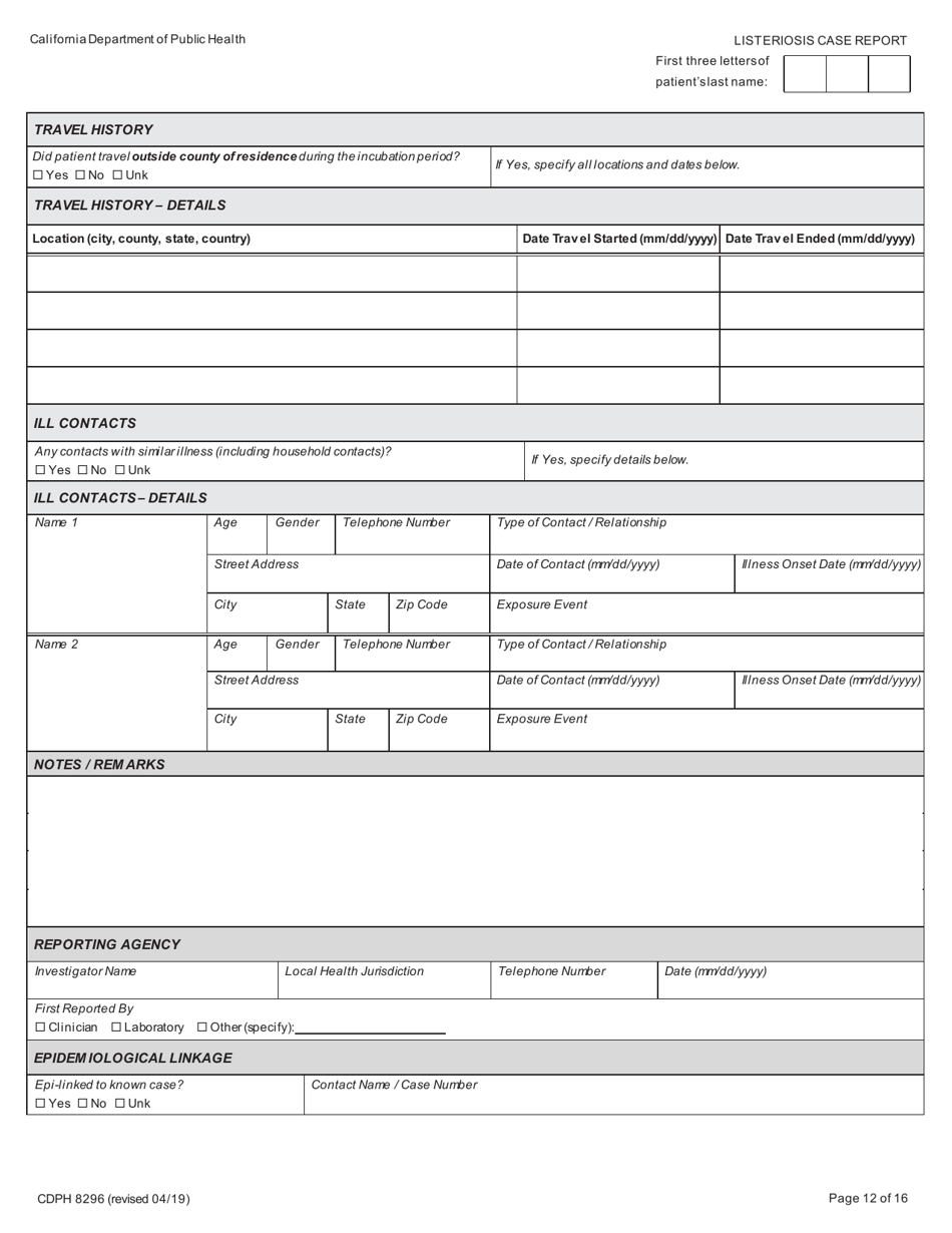 Form CDPH8296 Listeriosis Case Report - California, Page 12