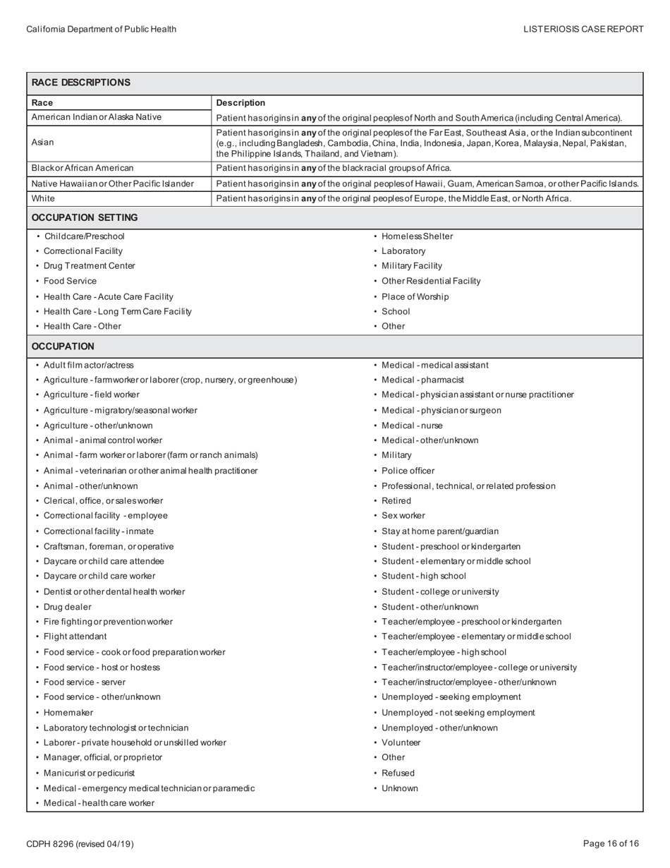 Form CDPH8296 Listeriosis Case Report - California, Page 16