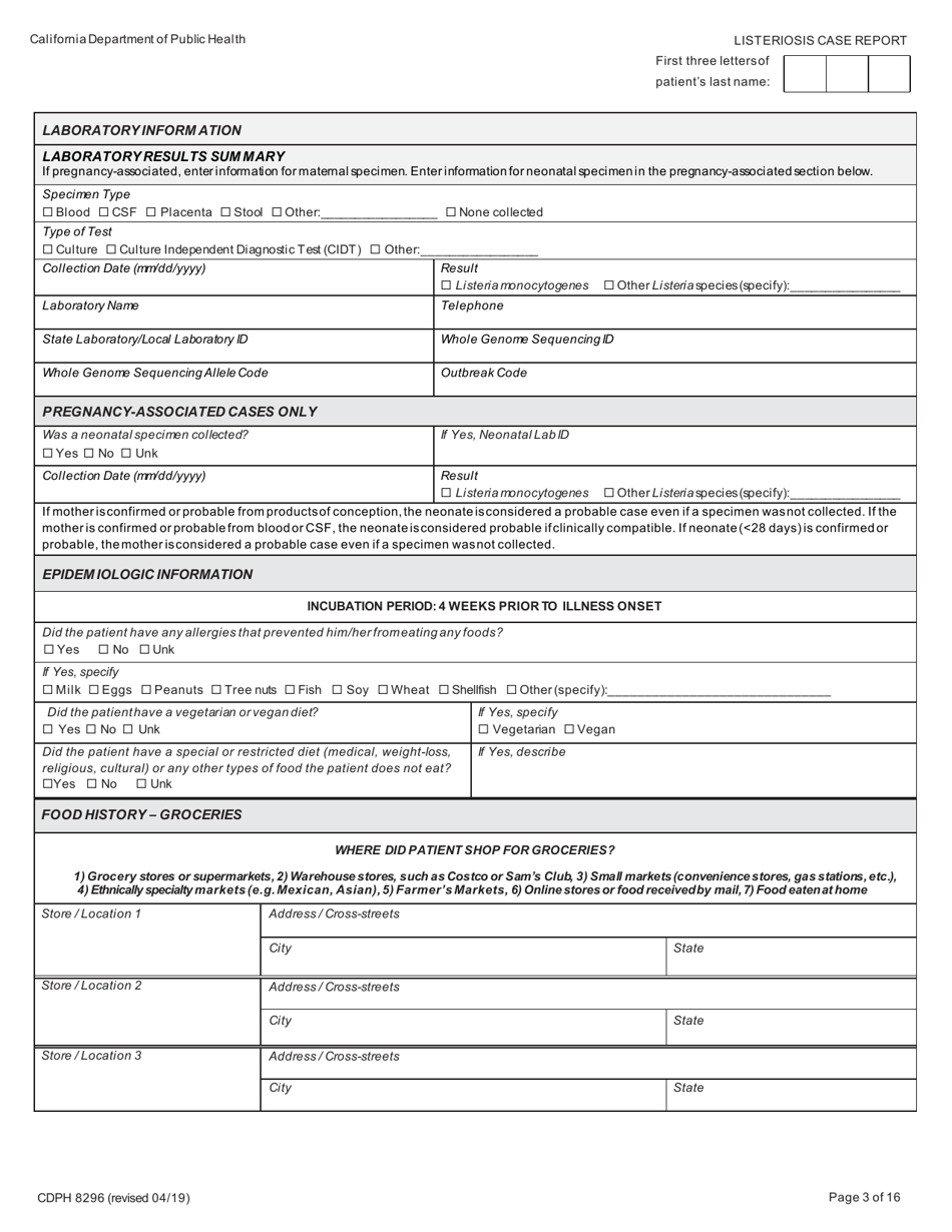 Form CDPH8296 Listeriosis Case Report - California, Page 3