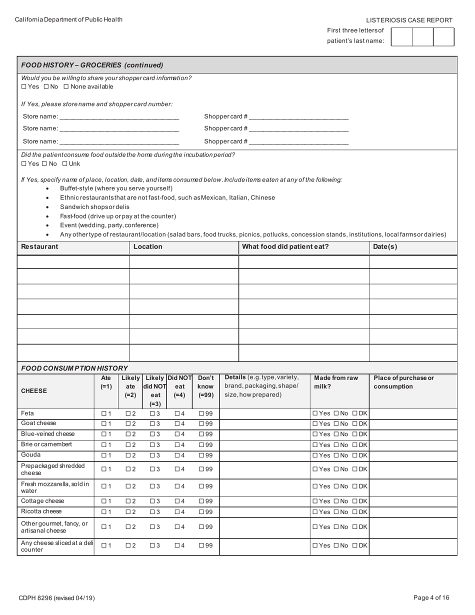 Form CDPH8296 Listeriosis Case Report - California, Page 4