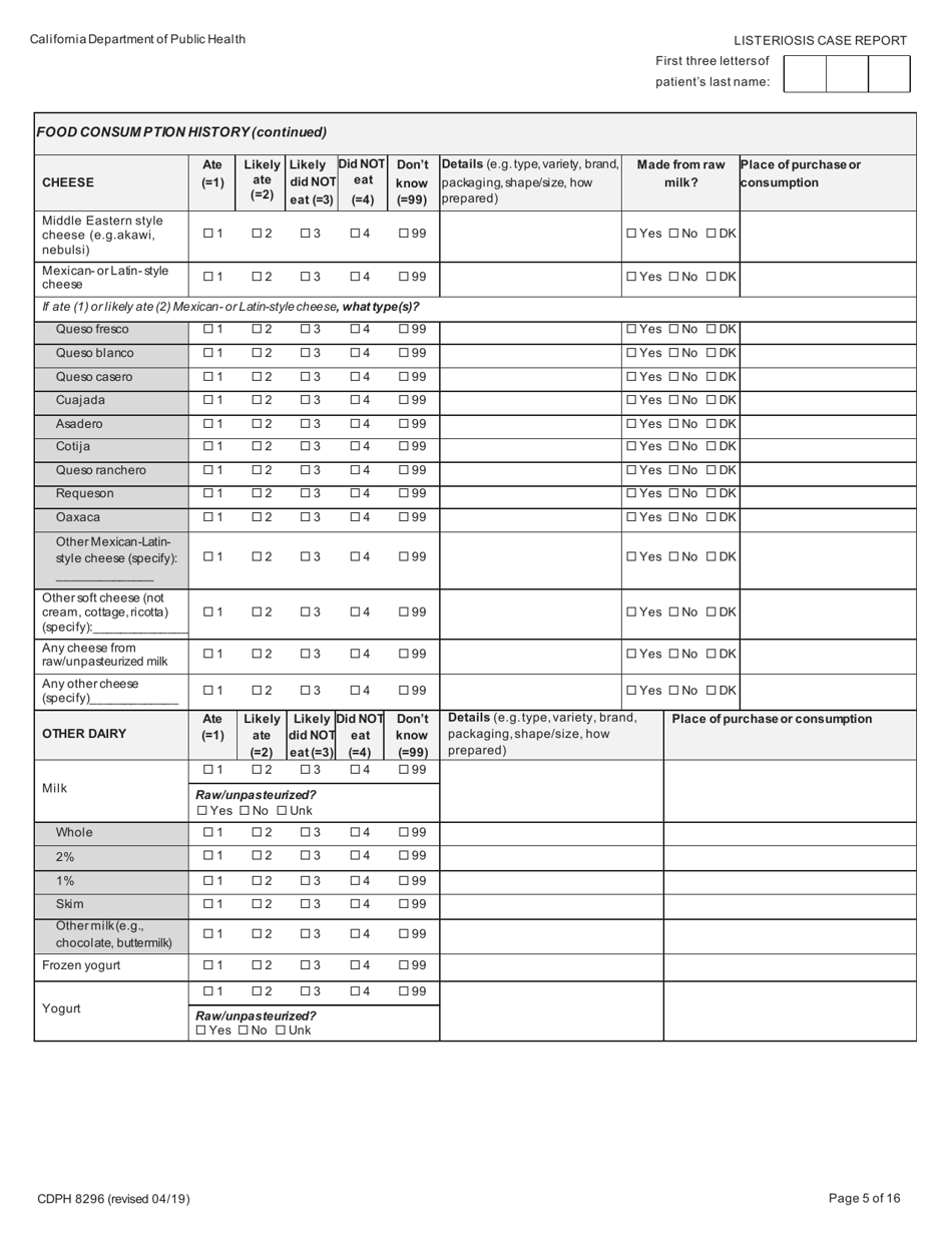 Form CDPH8296 Listeriosis Case Report - California, Page 5