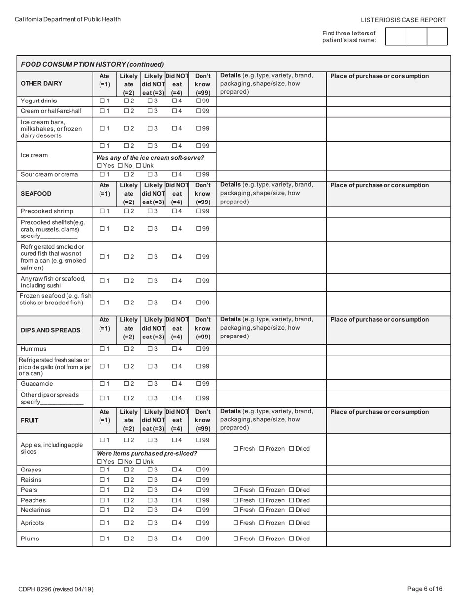 Form CDPH8296 Listeriosis Case Report - California, Page 6