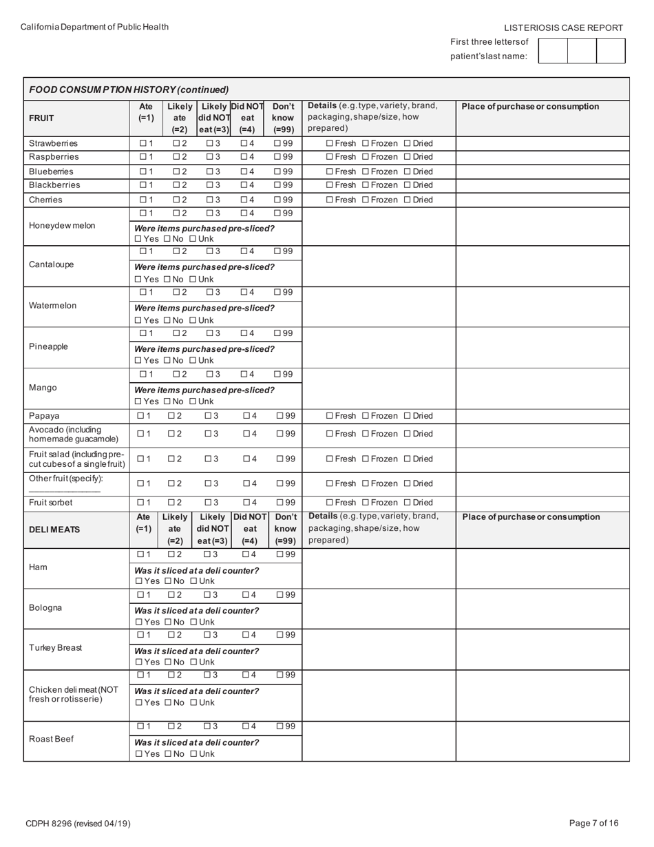 Form CDPH8296 Listeriosis Case Report - California, Page 7