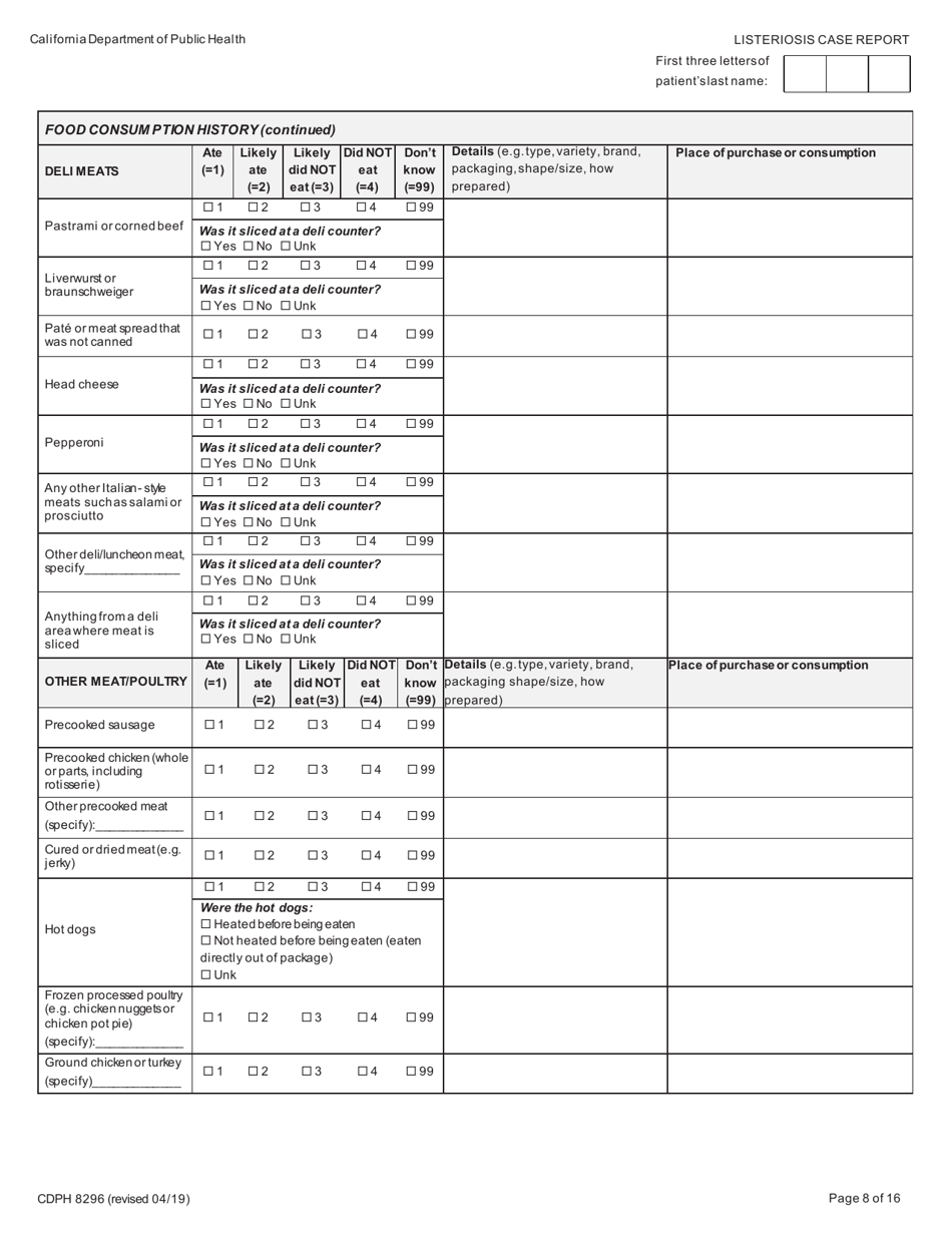 Form CDPH8296 Listeriosis Case Report - California, Page 8