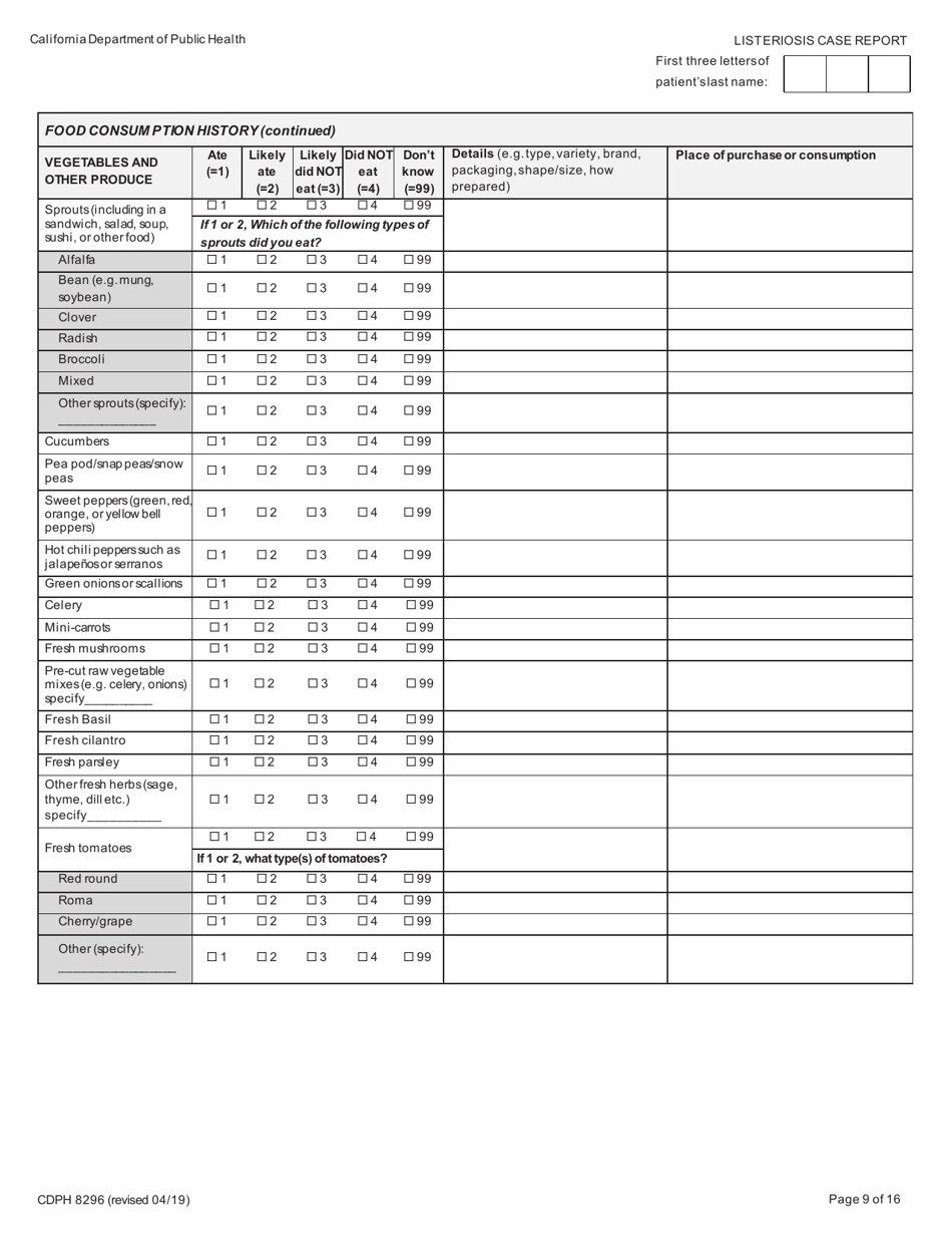 Form CDPH8296 Listeriosis Case Report - California, Page 9