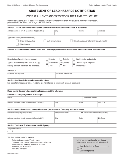 Form CDPH8551  Printable Pdf