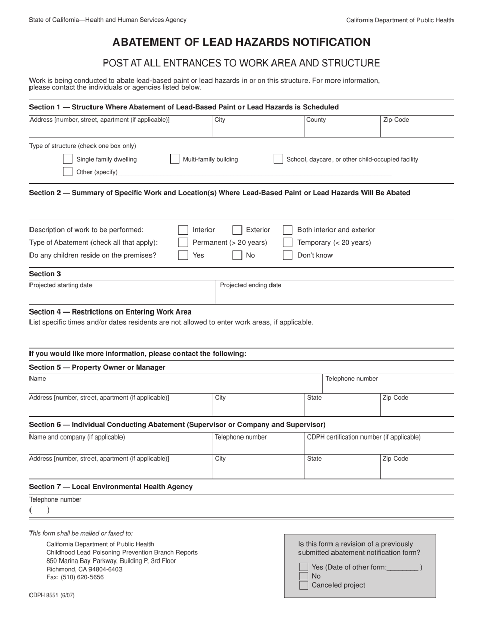 Form CDPH8551 Fill Out, Sign Online and Download Fillable PDF