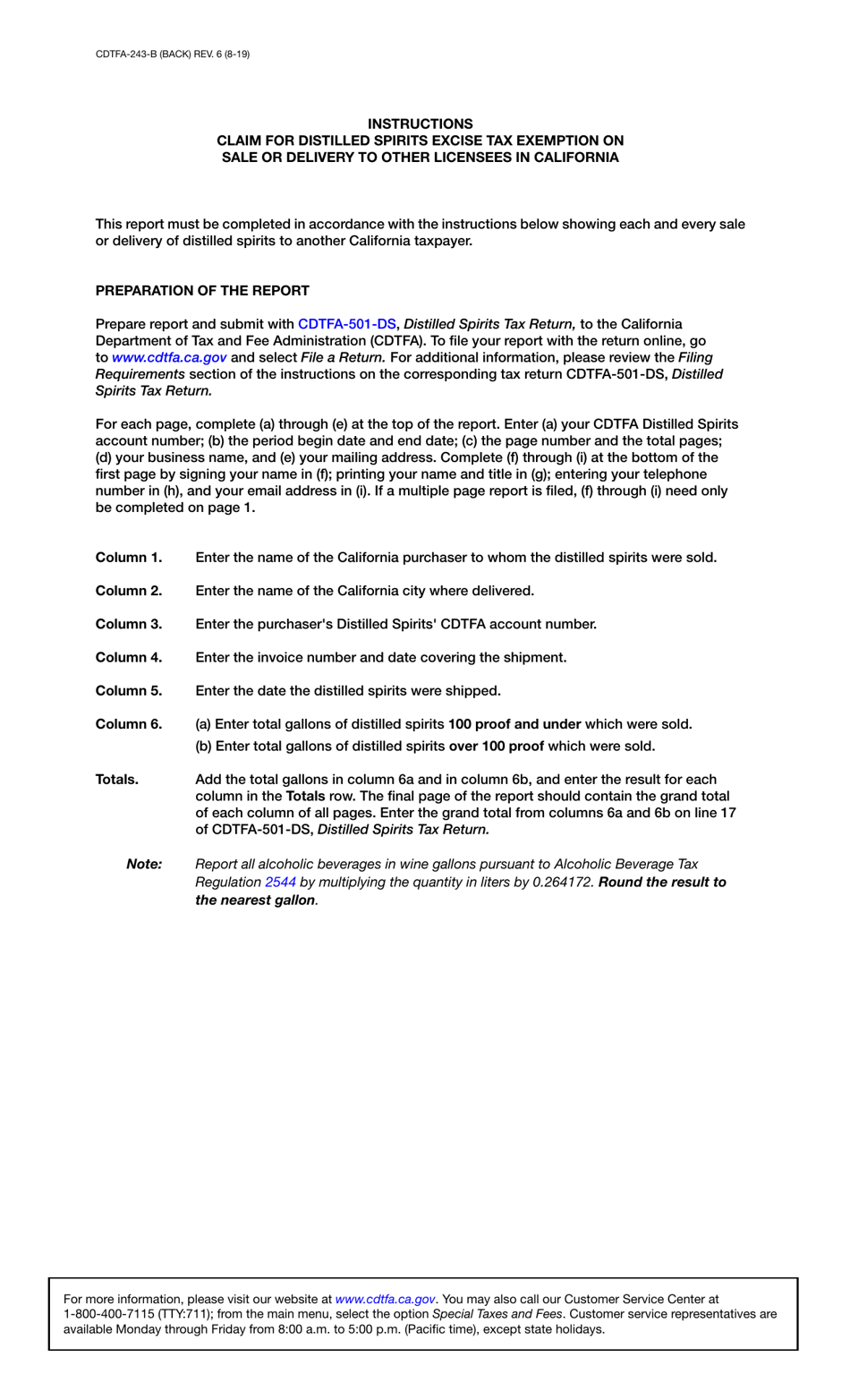 Form CDTFA-243-B Claim for Distilled Spirits Excise Tax Exemption on Sale or Delivery to Other Licensees in California - California, Page 2