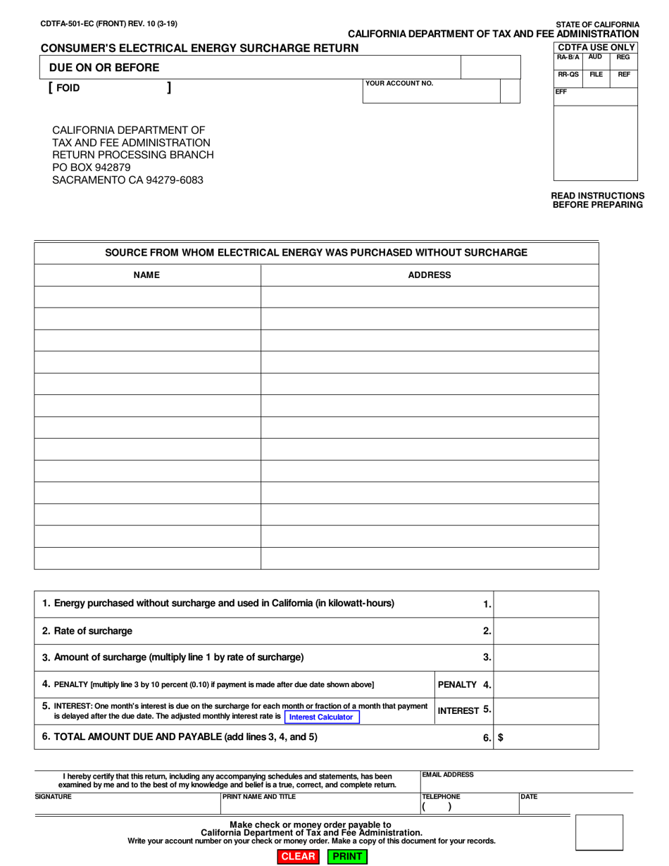 Form CDTFA-501-EC Consumers Electrical Energy Surcharge Return - California, Page 1
