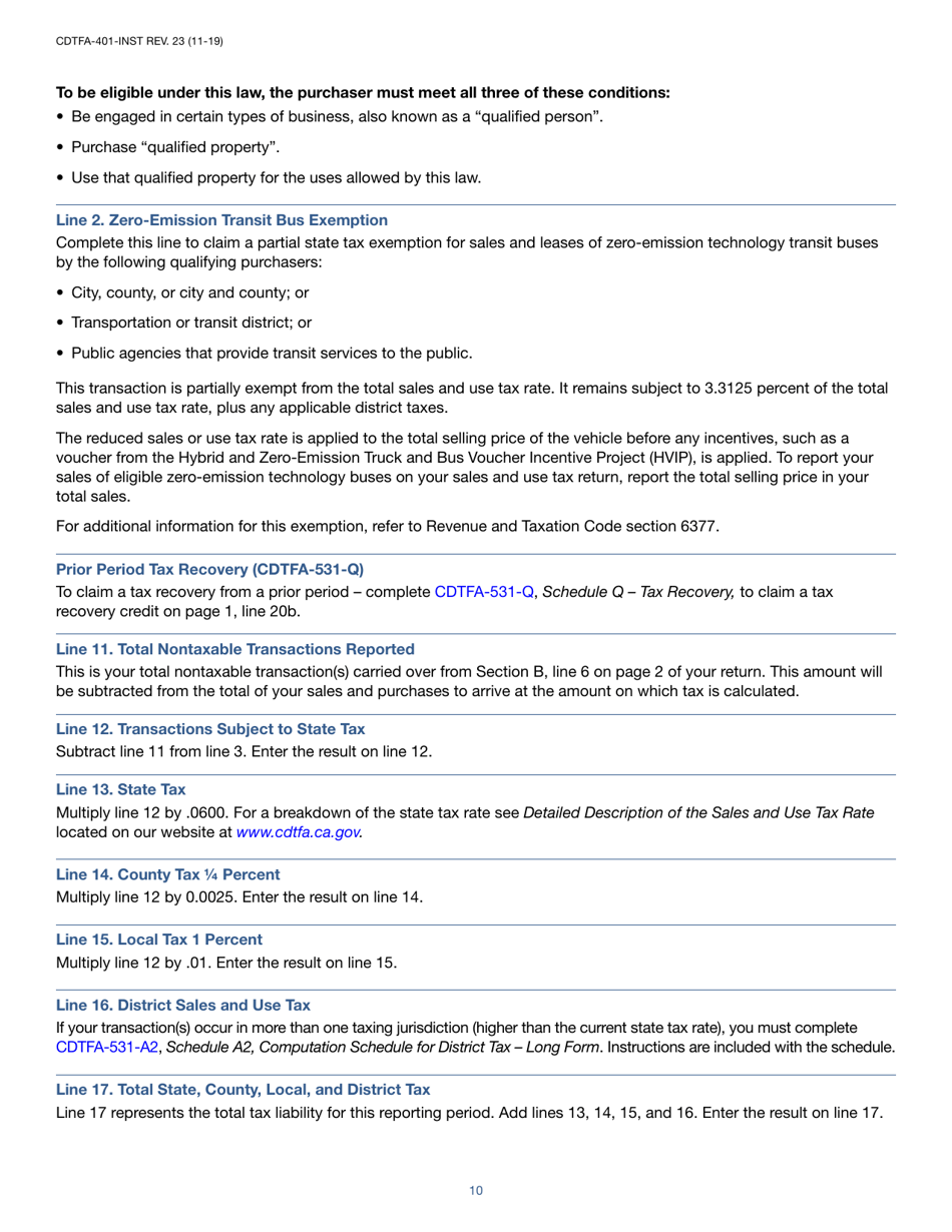 Instructions for Form CDTFA-401-A State, Local, and District Sales and Use Tax Return - California, Page 10