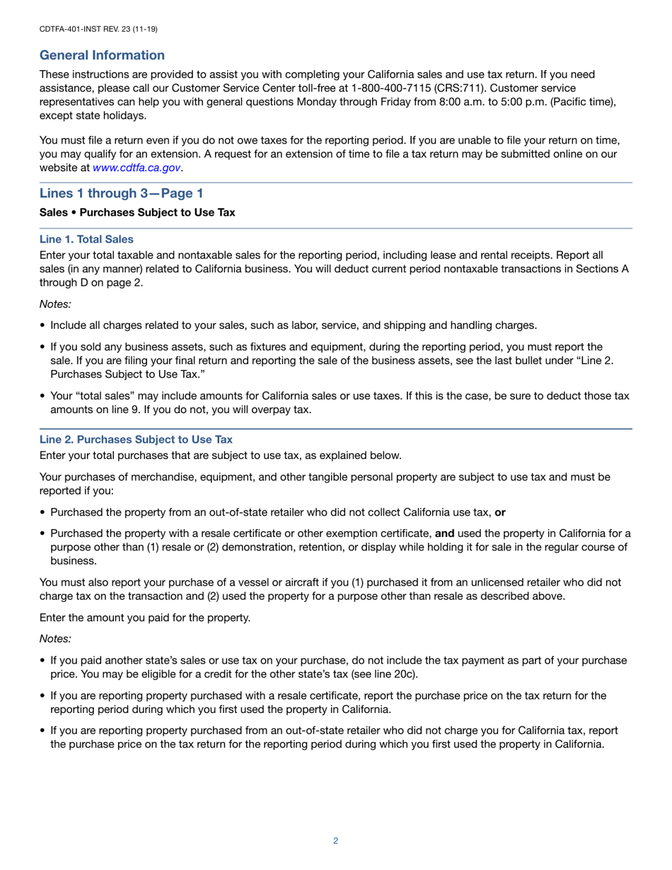 Instructions for Form CDTFA-401-A State, Local, and District Sales and Use Tax Return - California, Page 2