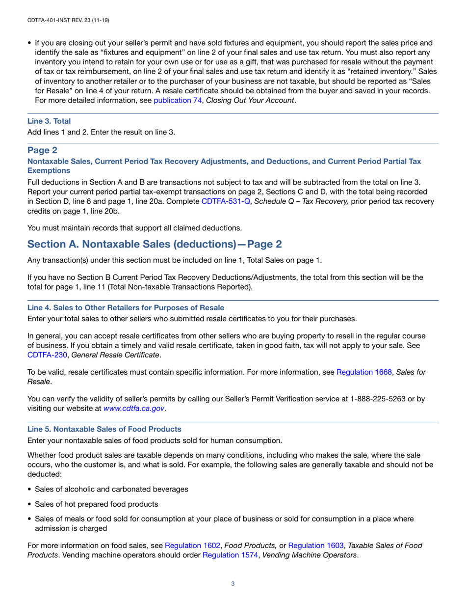 Instructions for Form CDTFA-401-A State, Local, and District Sales and Use Tax Return - California, Page 3